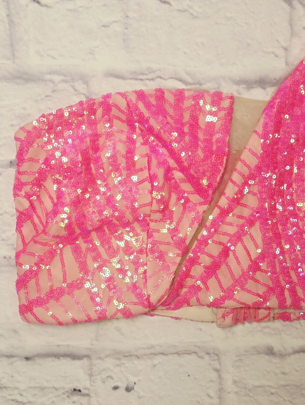 Neon Pink Sequin Two Piece Formal Set One Shoulder Crop Top Maxi Skirt - Picture 9 of 14